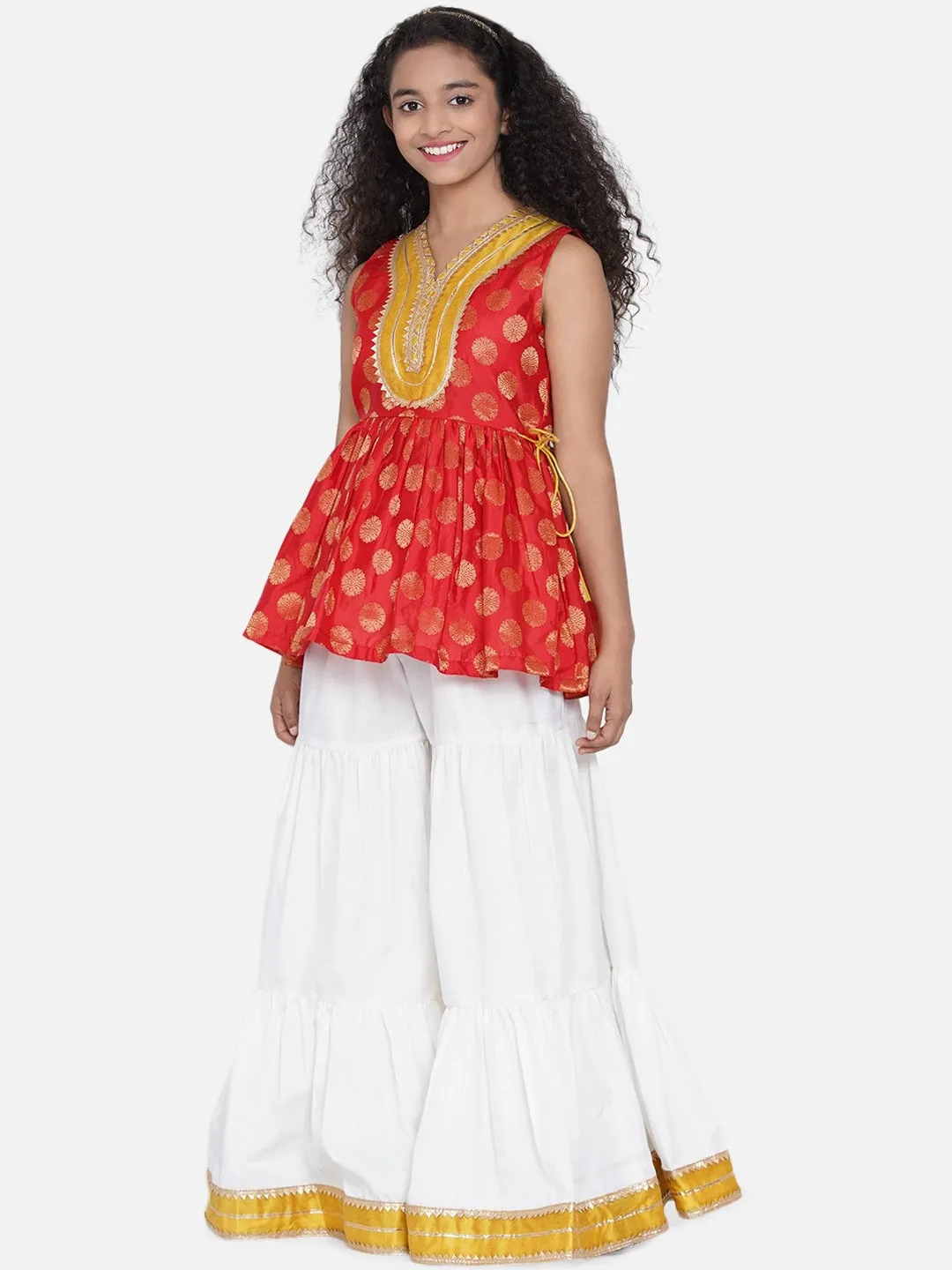 Girls Red Ethnic Motifs Empire Gotta Patti Kurta With Sharara