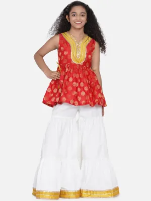 Girls Red Ethnic Motifs Empire Gotta Patti Kurta With Sharara