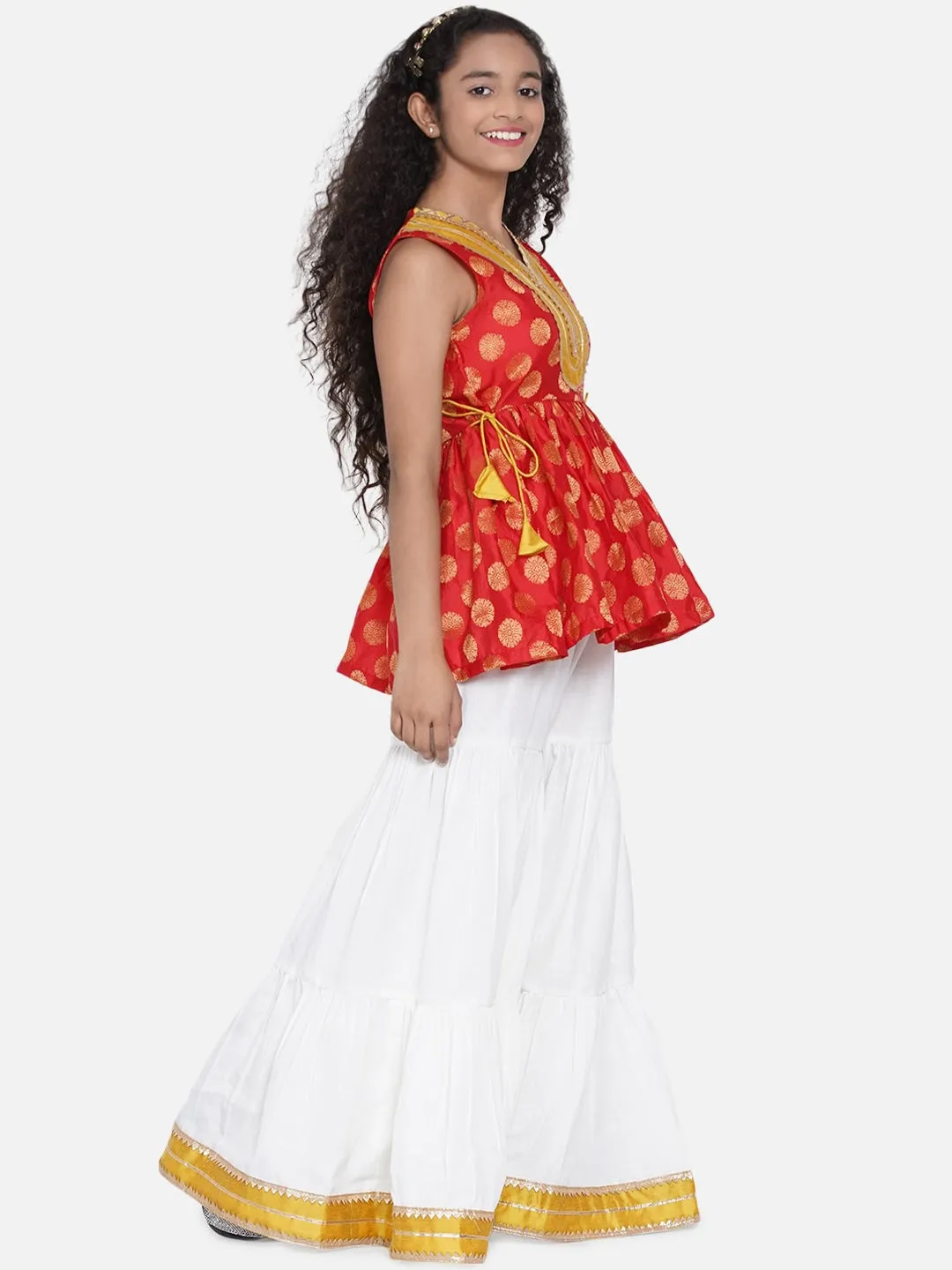 Girls Red Ethnic Motifs Empire Gotta Patti Kurta With Sharara