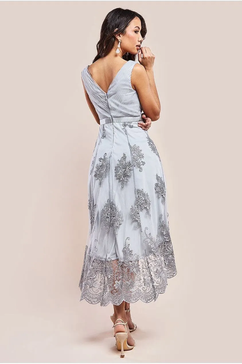 Goddiva Pleated Satin Bodice High And Low Dress - Grey