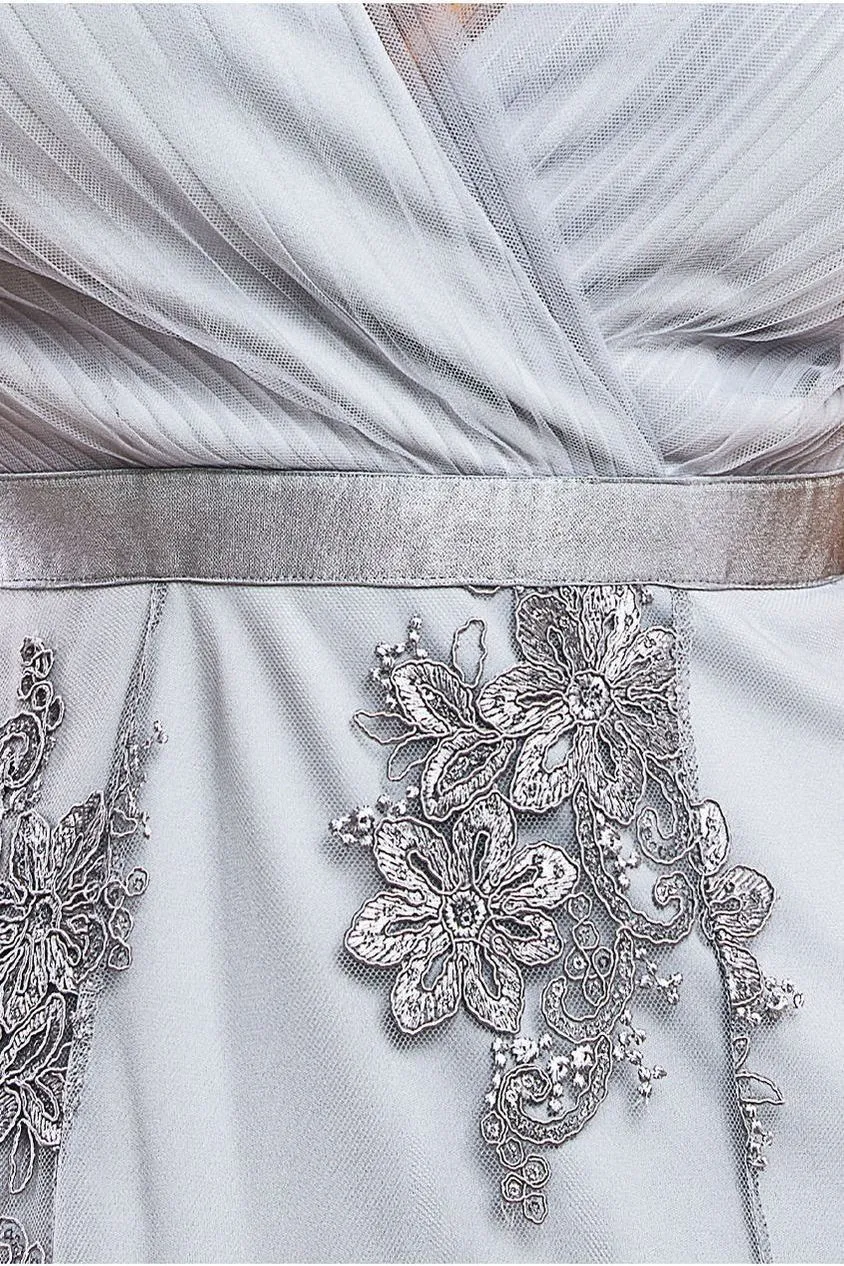 Goddiva Pleated Satin Bodice High And Low Dress - Grey