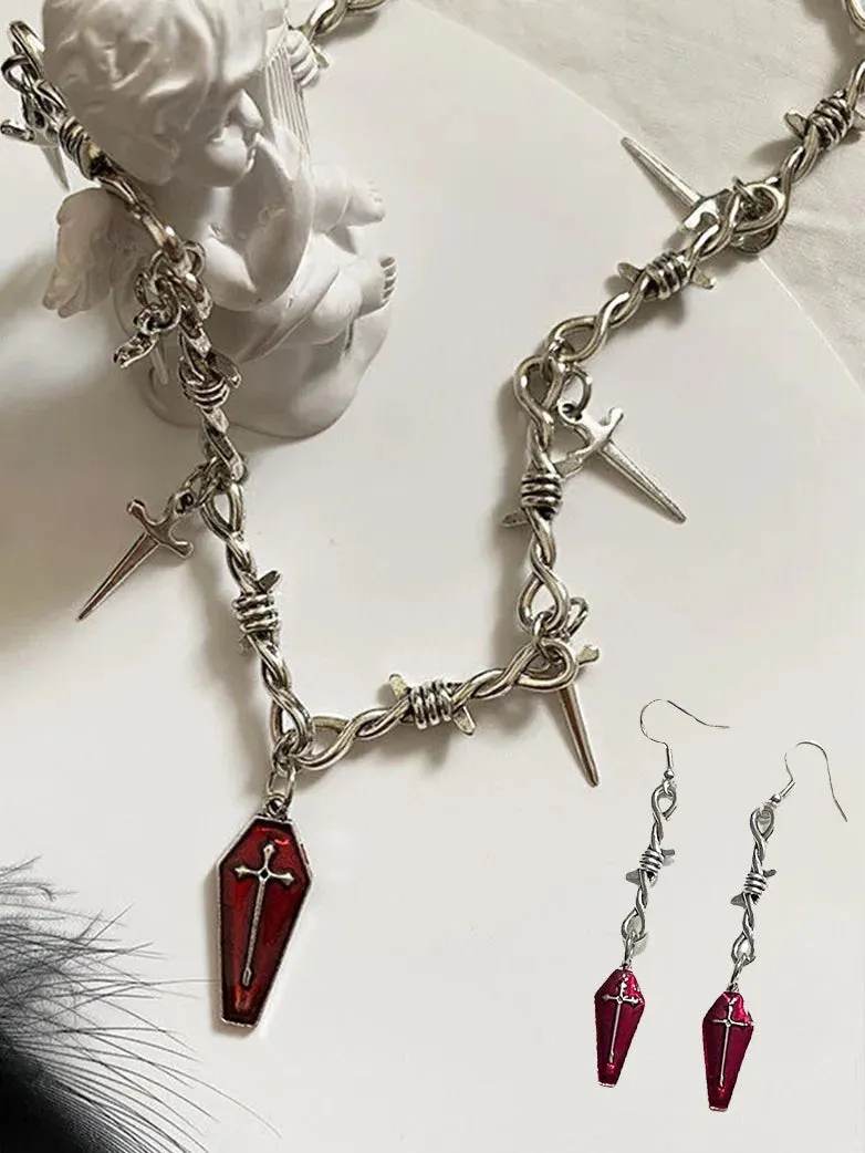 Gothic Cross Sword Thorns Necklace Earrings