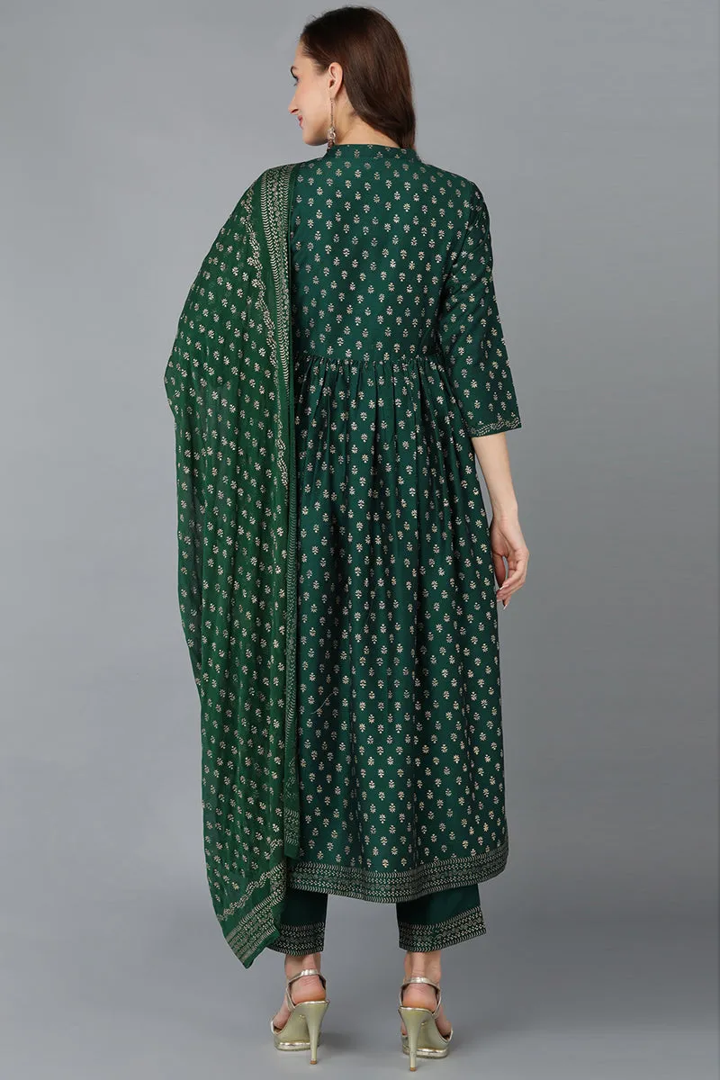 Green Silk Blend Anarkali Kurta Pant With Dupatta