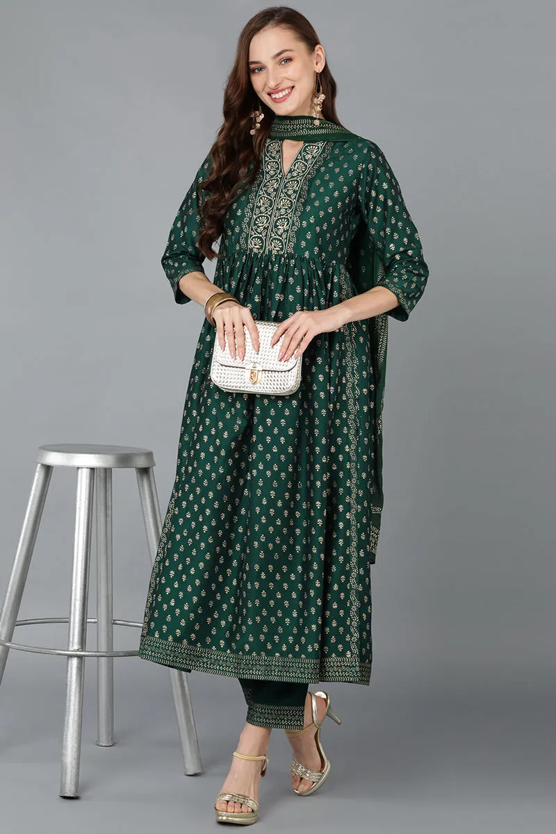 Green Silk Blend Anarkali Kurta Pant With Dupatta
