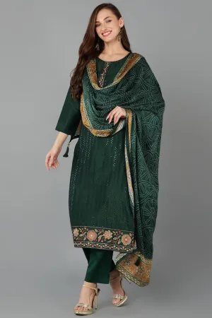 Green Silk Blend Straight Kurta Pant With Dupatta