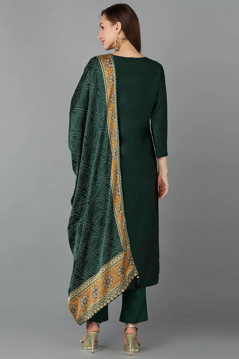 Green Silk Blend Straight Kurta Pant With Dupatta