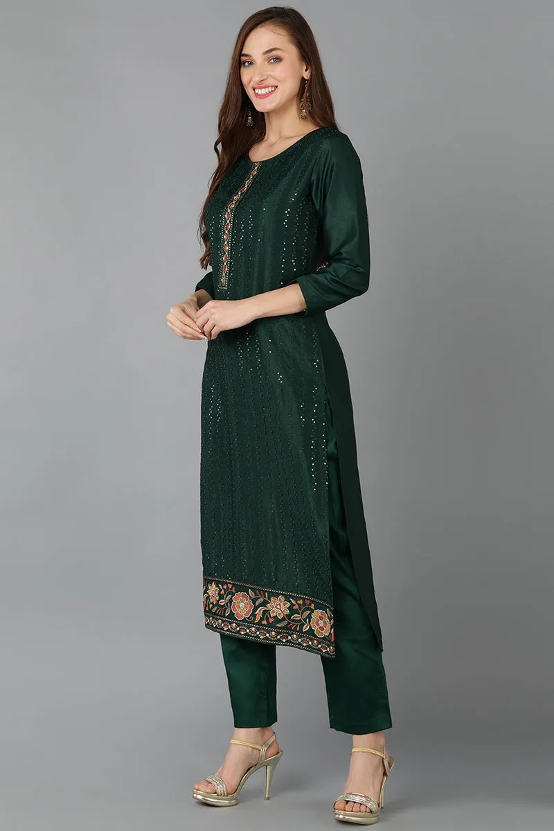 Green Silk Blend Straight Kurta Pant With Dupatta