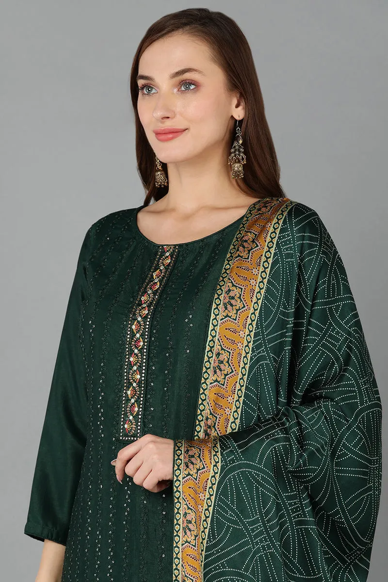 Green Silk Blend Straight Kurta Pant With Dupatta