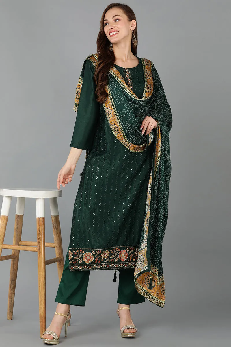 Green Silk Blend Straight Kurta Pant With Dupatta
