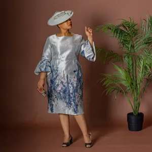 Grey Sheath Dress with Blue Floral Print