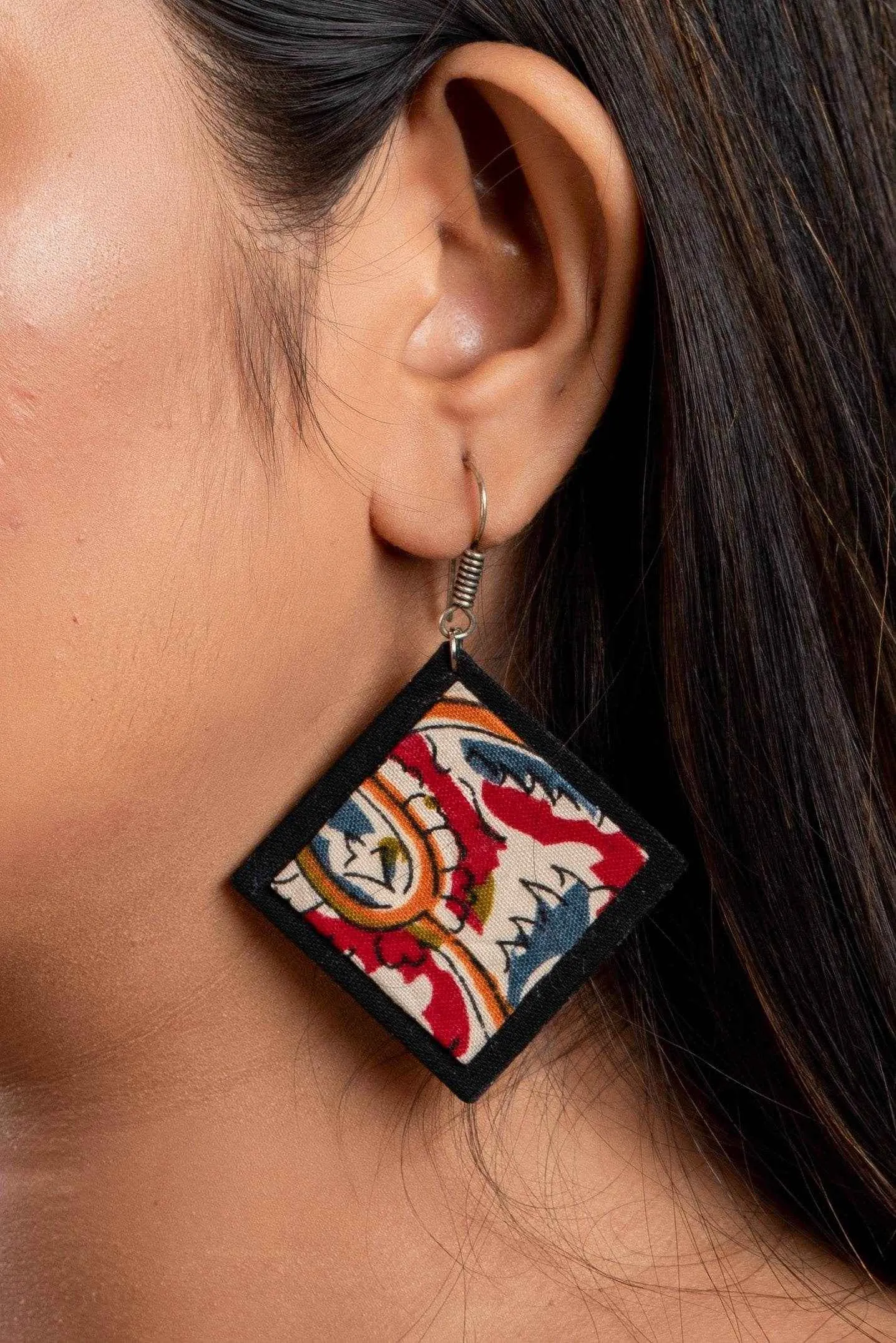 Handcrafted Red Black Kalamkari Fabric Necklace Set with Adjustable Dori and Earrings for Women