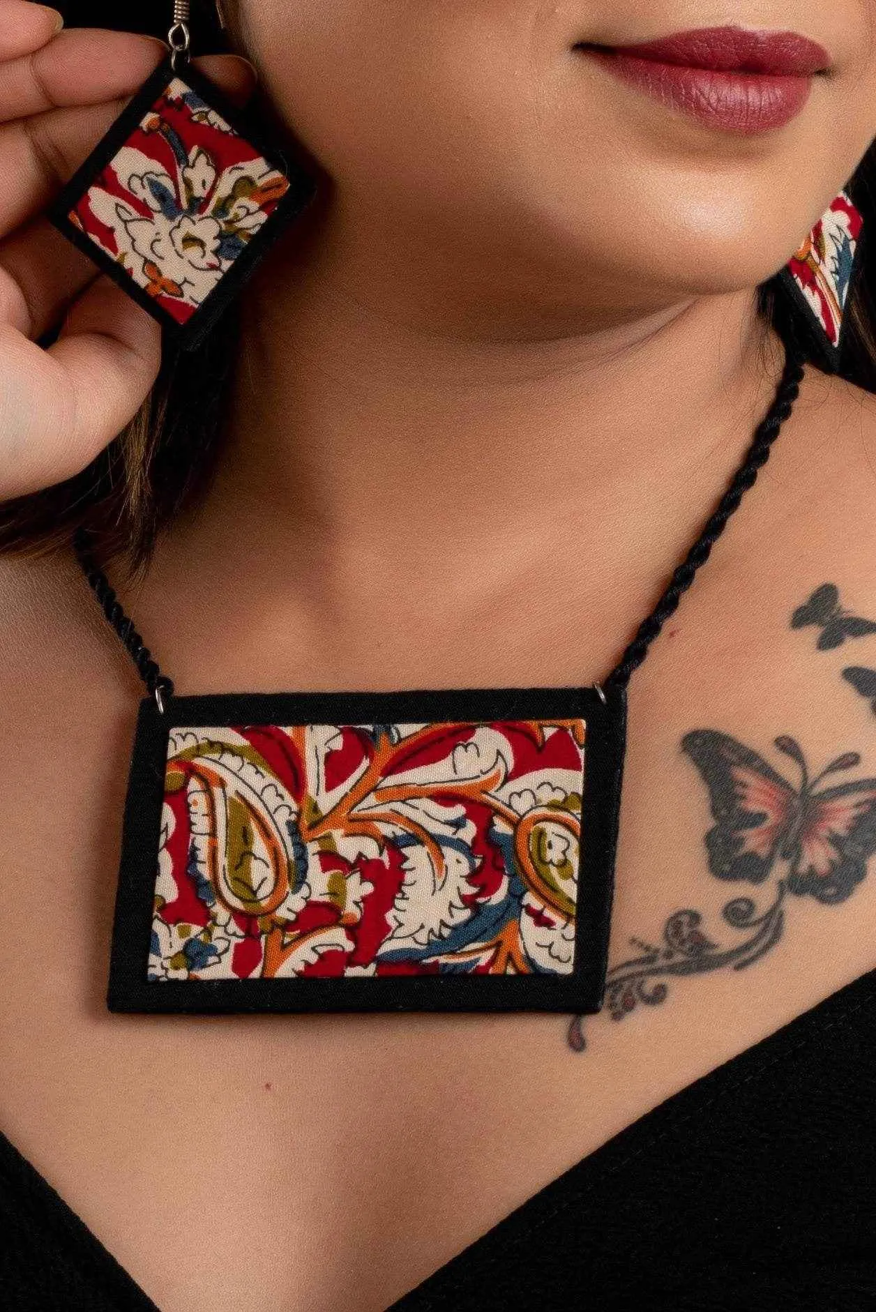 Handcrafted Red Black Kalamkari Fabric Necklace Set with Adjustable Dori and Earrings for Women