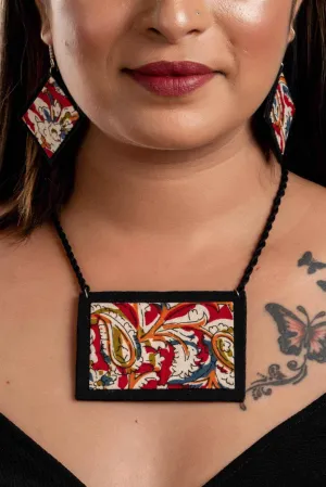 Handcrafted Red Black Kalamkari Fabric Necklace Set with Adjustable Dori and Earrings for Women