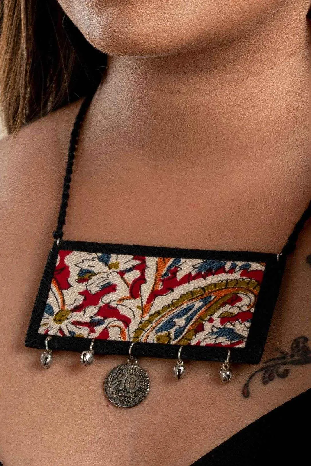 Handcrafted Red Black Kalamkari Fabric Neckpiece Set with Oxidized Silver Coin Ghungroo and Earrings