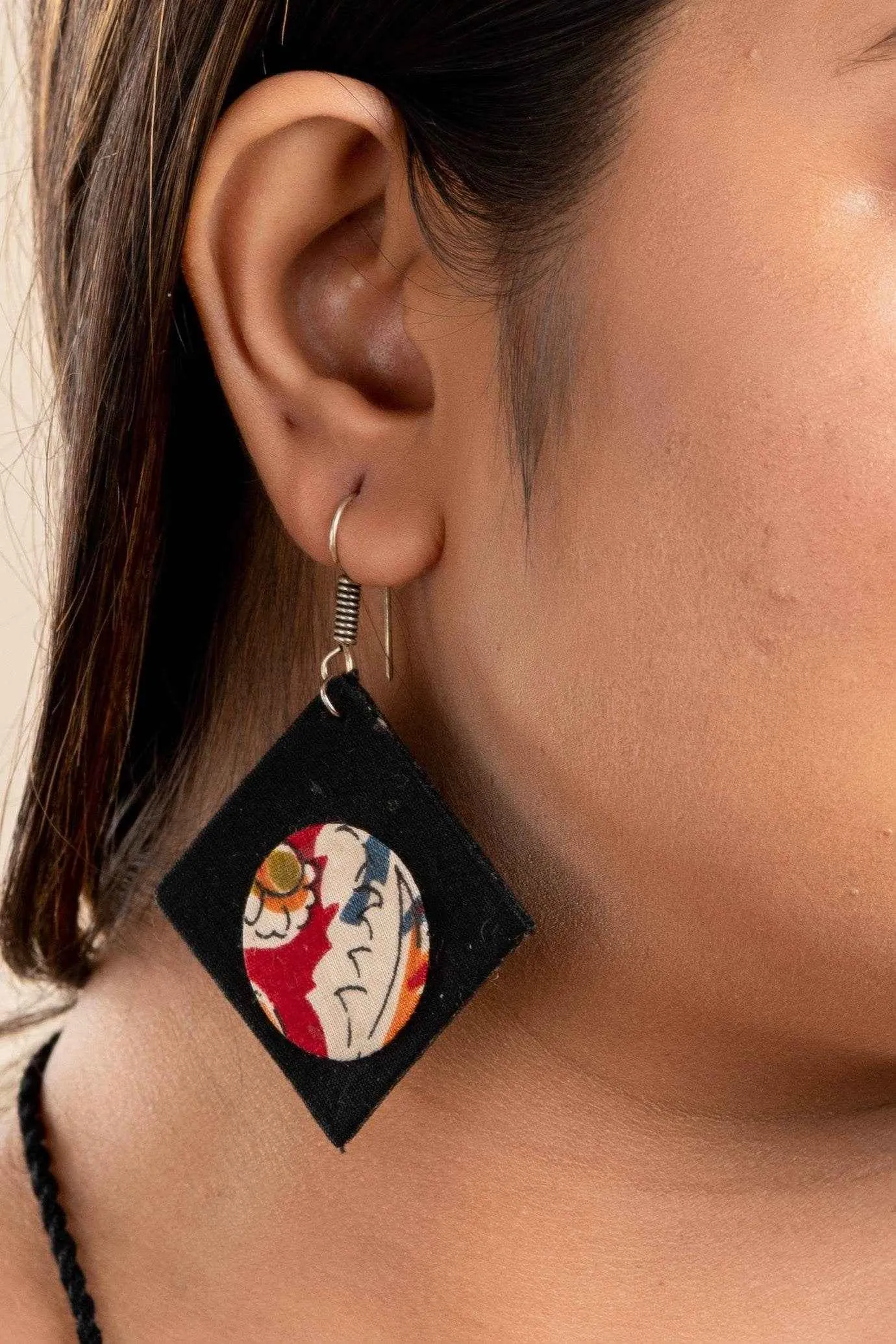 Handcrafted Red Black Kalamkari Fabric Neckpiece Set with Oxidized Silver Coin Ghungroo and Earrings