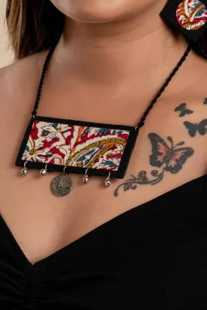 Handcrafted Red Black Kalamkari Fabric Neckpiece Set with Oxidized Silver Coin Ghungroo and Earrings