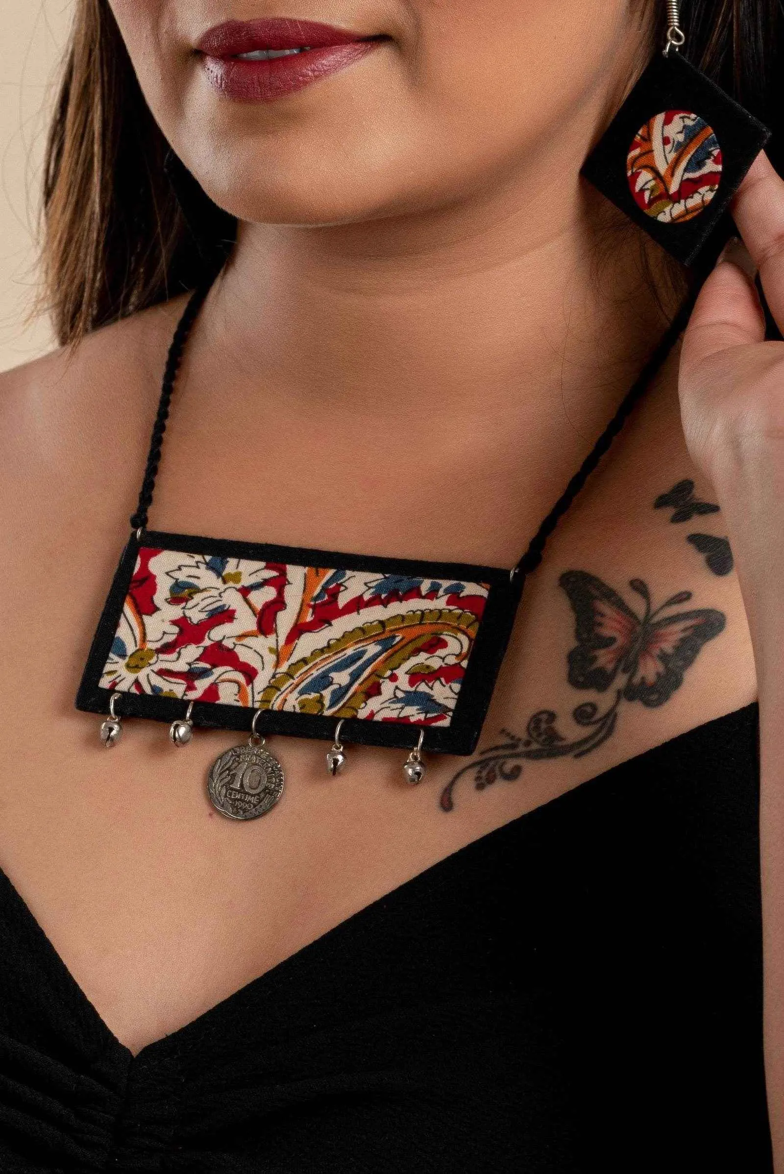 Handcrafted Red Black Kalamkari Fabric Neckpiece Set with Oxidized Silver Coin Ghungroo and Earrings