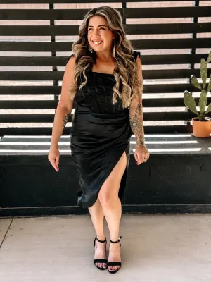 Kiss and Tell Elegant Satin Dress, Black