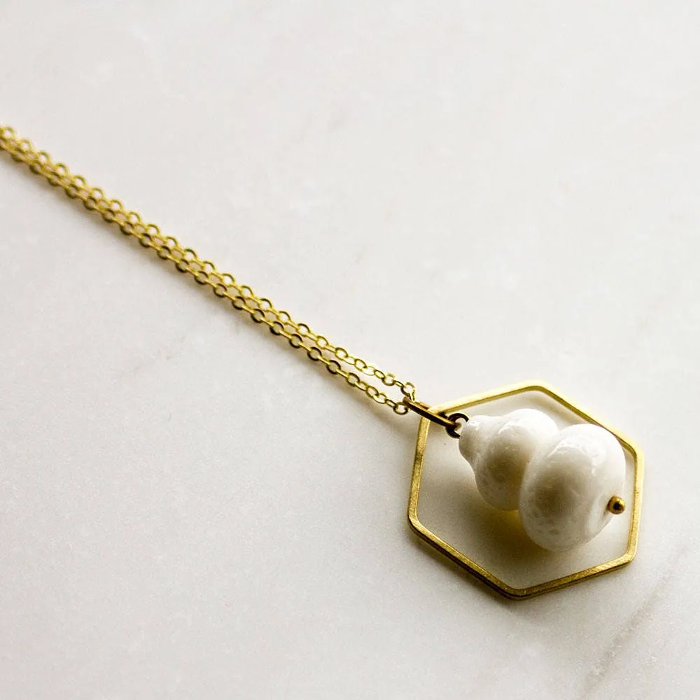 Long hexagon necklace, white and gold necklace, layering necklace, honeycomb necklace, wedding jewelry, gift for mom girlfriend wife
