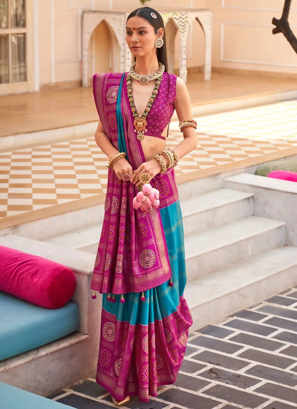 Magenta Turquoise Polyester Viscose Silk Designer Casual Saree