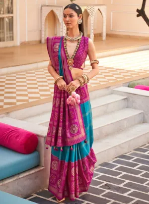 Magenta Turquoise Polyester Viscose Silk Designer Casual Saree