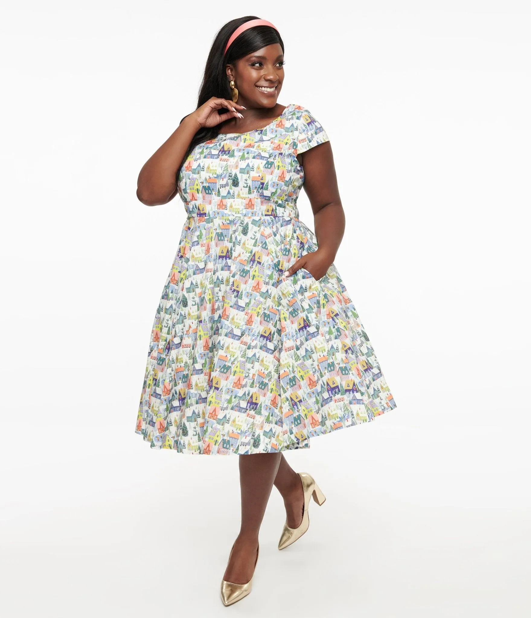 Magnolia Place Plus Size Multicolor Winter House Print Anna Swing Dress