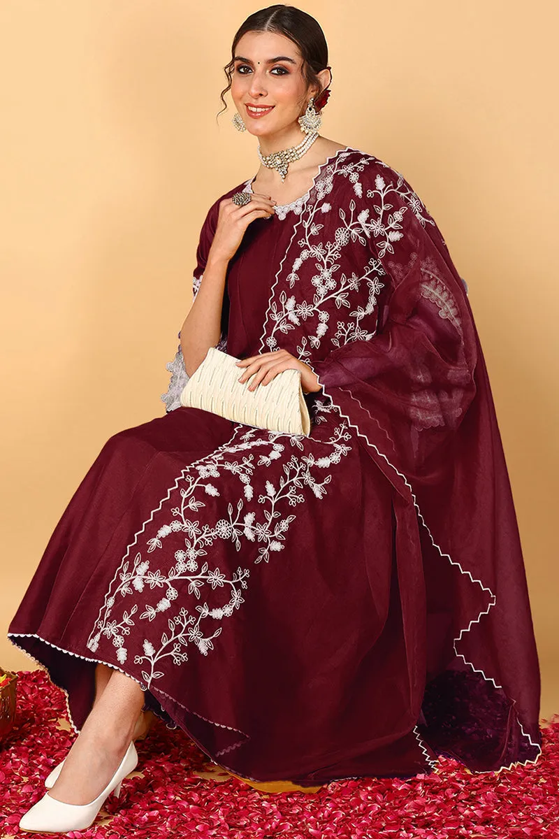 Maroon Silk Blend Solid Embroidered Flared Suit Set