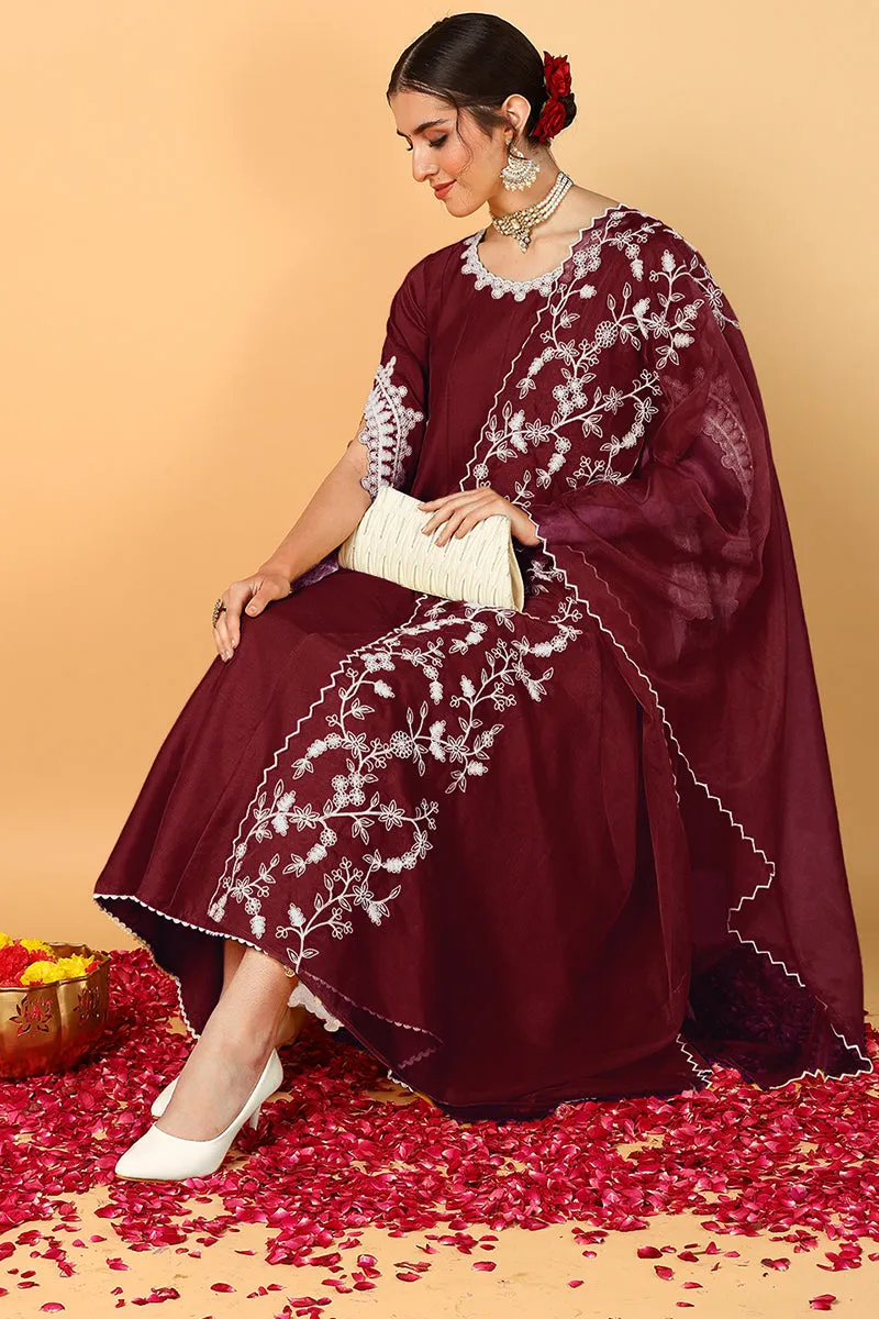 Maroon Silk Blend Solid Embroidered Flared Suit Set