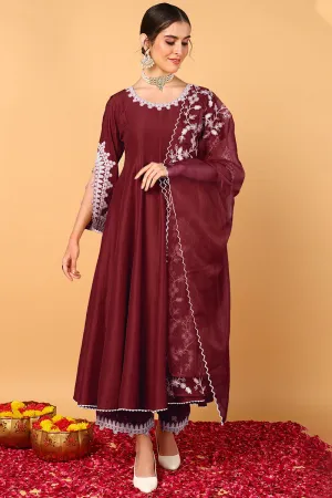 Maroon Silk Blend Solid Embroidered Flared Suit Set