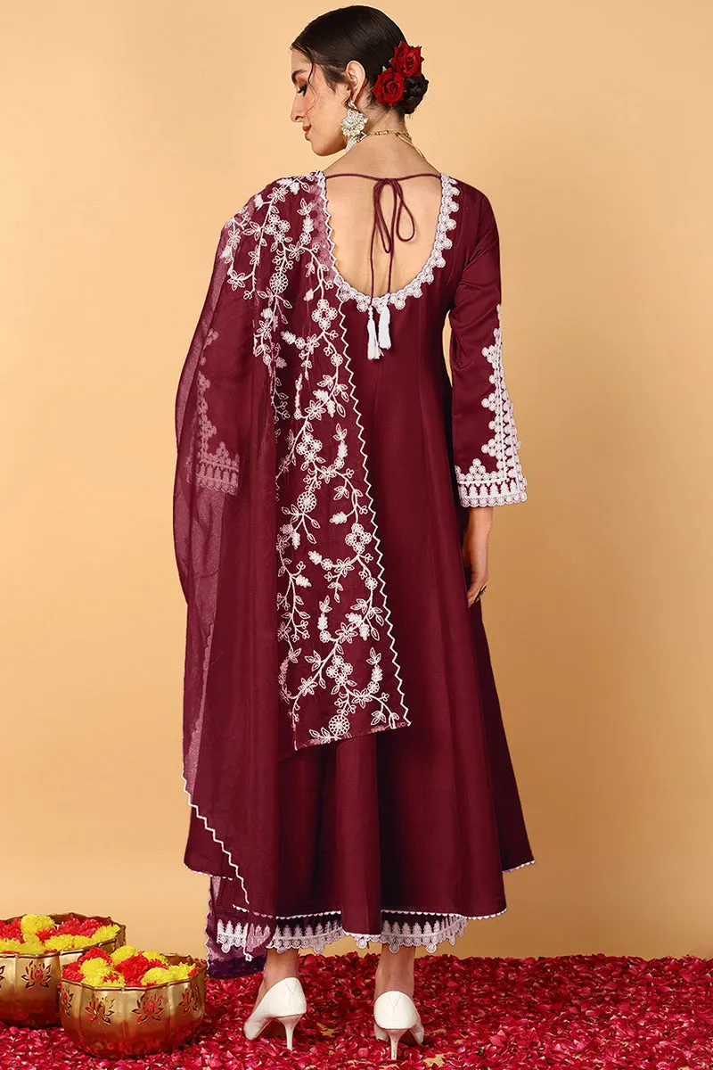 Maroon Silk Blend Solid Embroidered Flared Suit Set