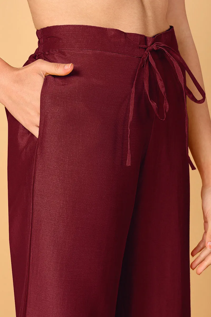 Maroon Silk Blend Solid Embroidered Flared Suit Set