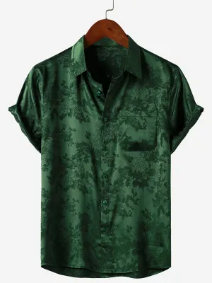 Men's Jacquard Pocket Silk Satin Floral Short Sleeve Shirt