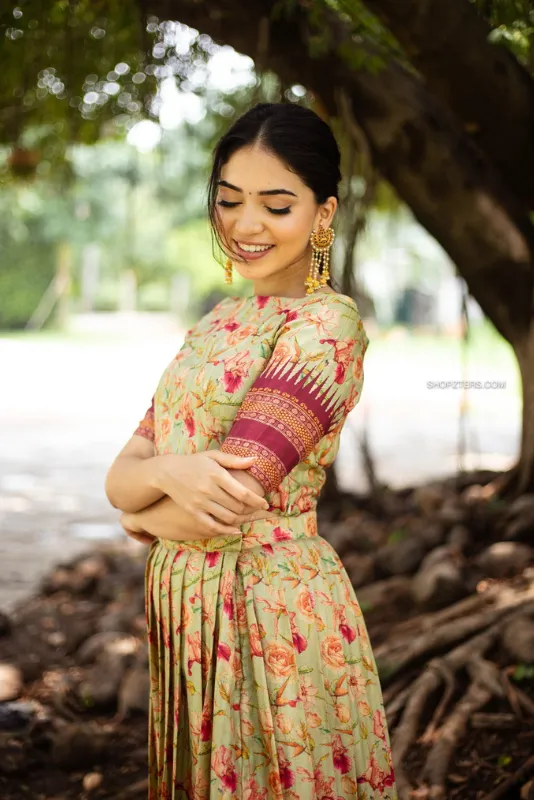 Mint Green Semi Tussar Crop Top & Skirt