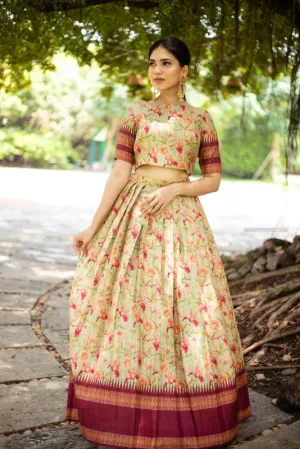 Mint Green Semi Tussar Crop Top & Skirt