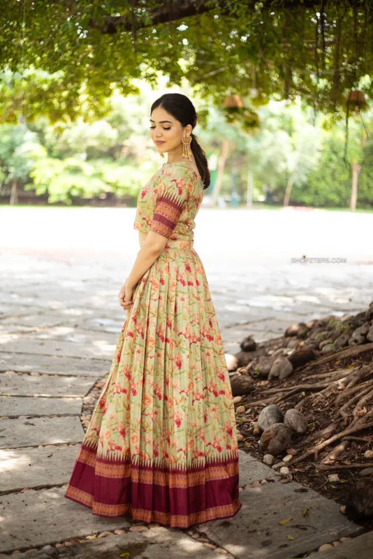 Mint Green Semi Tussar Crop Top & Skirt