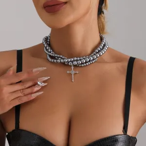 Multi-Layer Painted Glass Beaded Diamond Cross Necklace Clavicle Chain