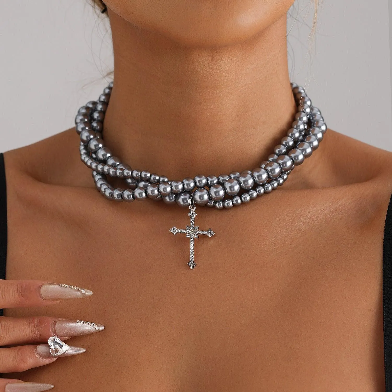 Multi-Layer Painted Glass Beaded Diamond Cross Necklace Clavicle Chain