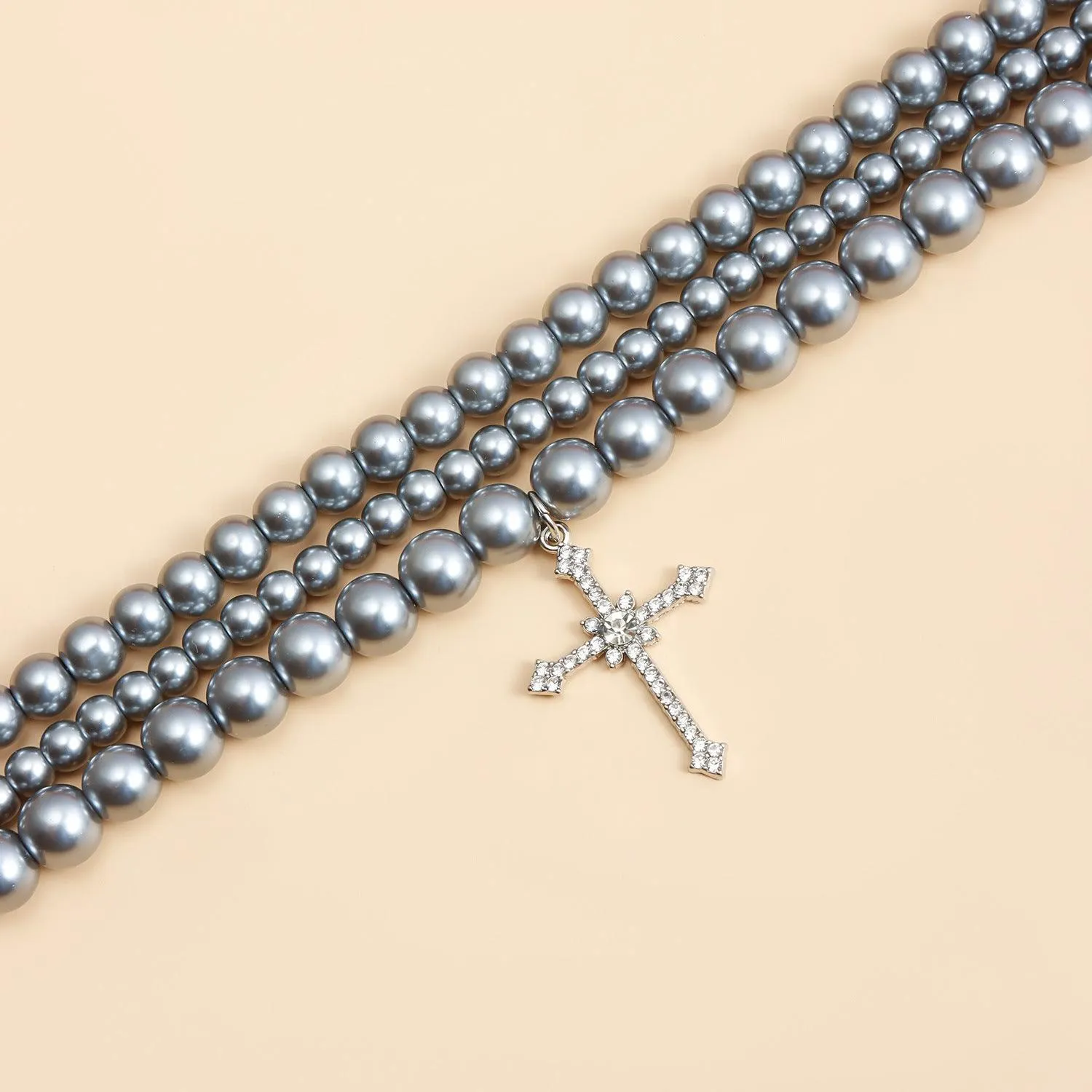 Multi-Layer Painted Glass Beaded Diamond Cross Necklace Clavicle Chain
