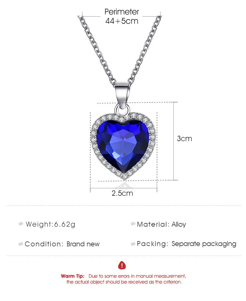 New Simple Titanic Heart of Ocean Necklace / Blue Crystal Love Heart  Pendant Necklace For Women