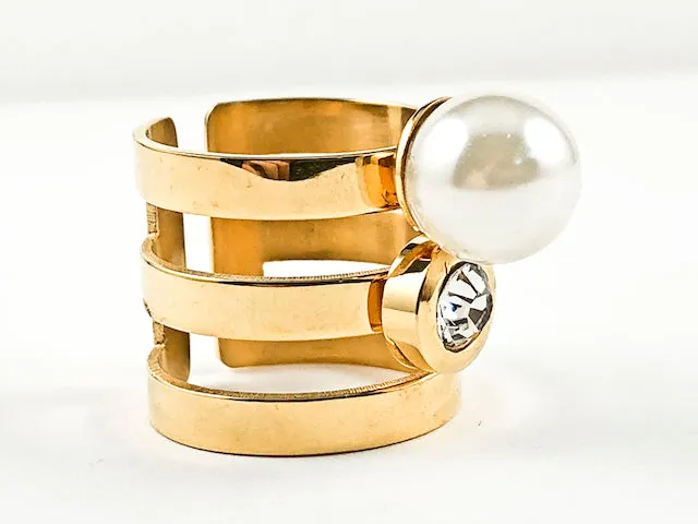 Nice Open Multi Row With Single CZ & Pearl Design Shiny Metallic Gold Tone Steel Ring