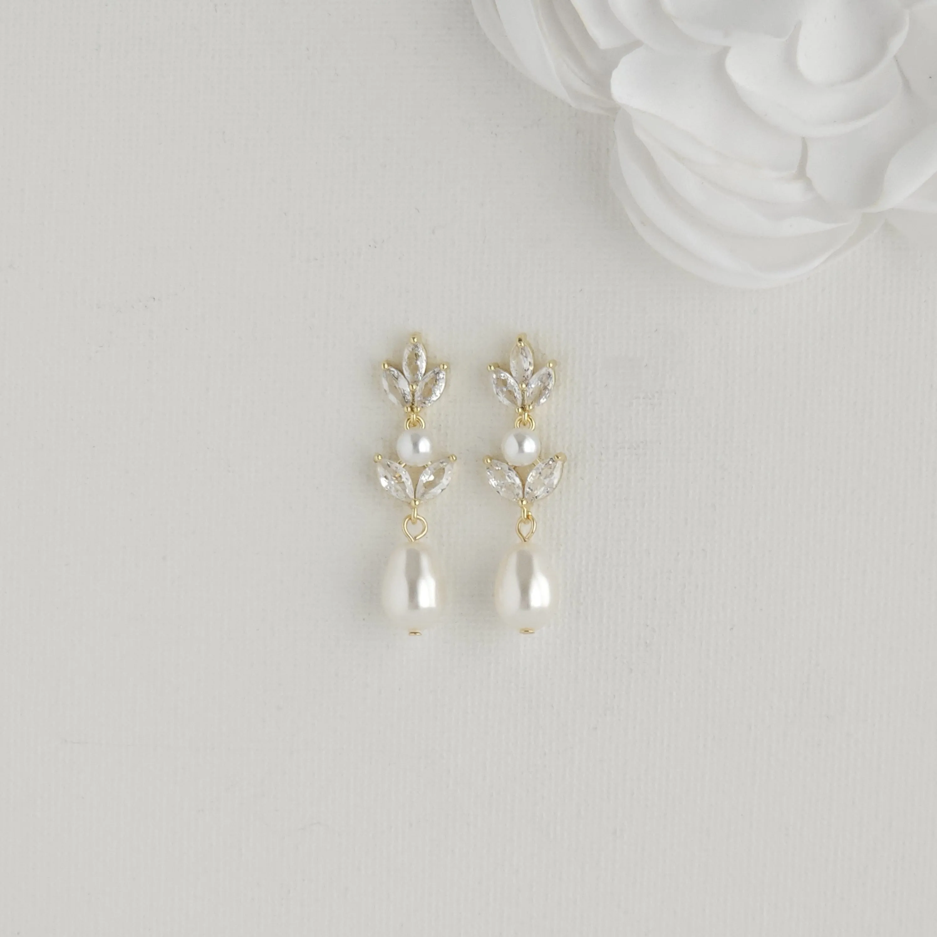 Pearl Drop Earrings in Gold for Weddings-Leila