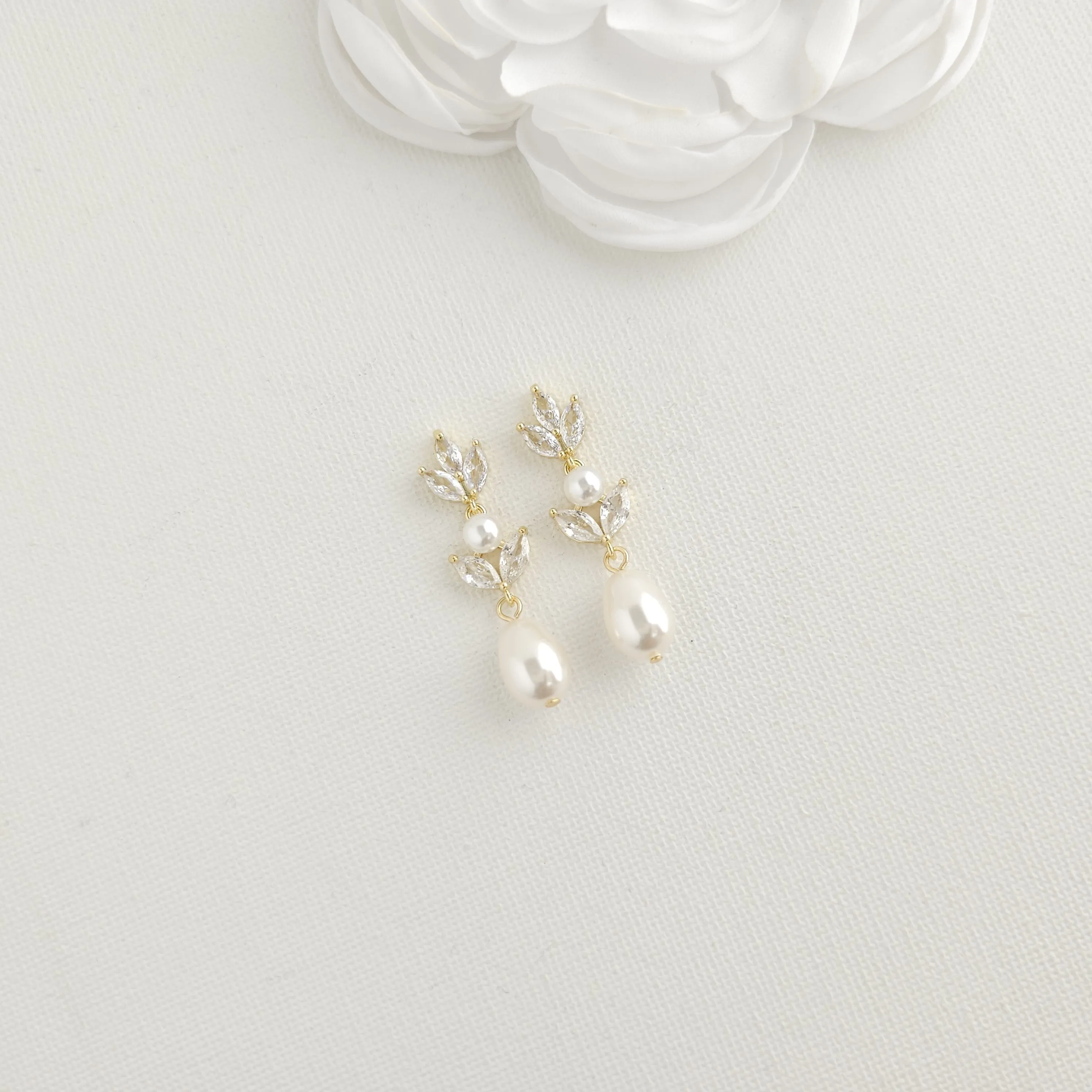 Pearl Drop Earrings in Gold for Weddings-Leila