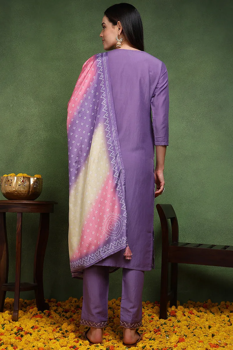 Purple Silk Blend Solid Embroidered Straight Suit Set