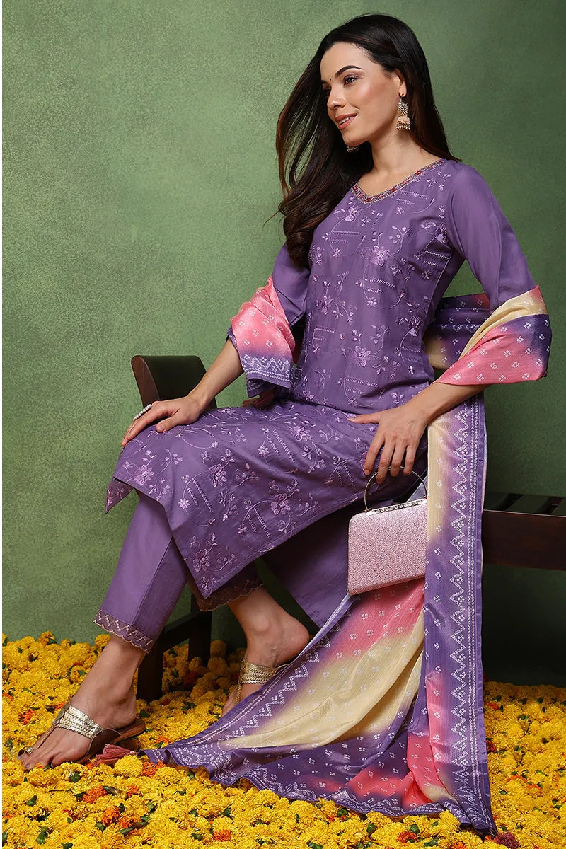 Purple Silk Blend Solid Embroidered Straight Suit Set