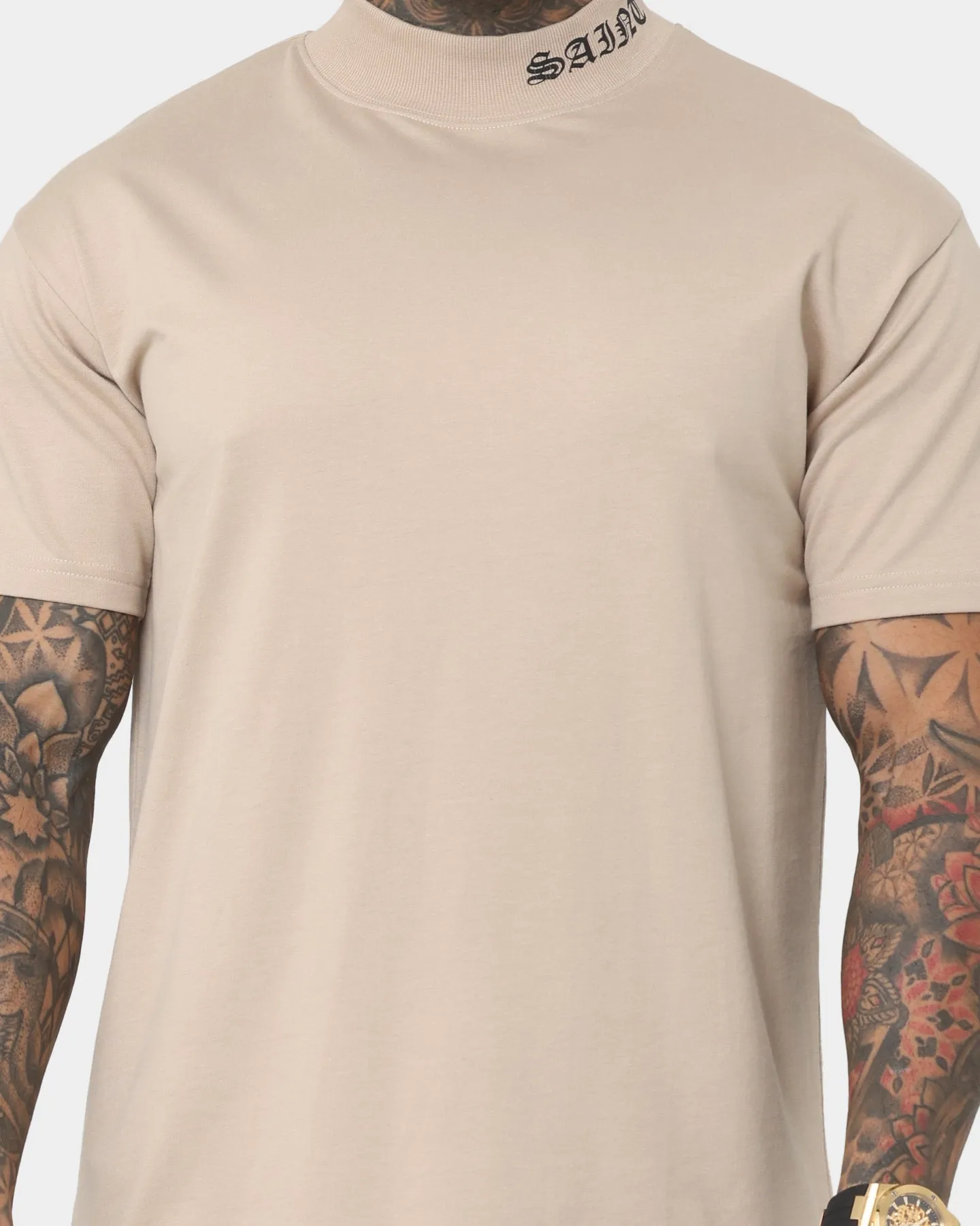 Saint Morta Old English Mock Neck T-Shirt Stone/Black