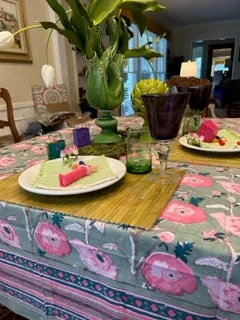 Spring in Bloom Block Print Table Cloth  (60 x 90) Tea Party Perfect
