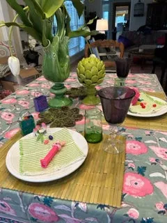 Spring in Bloom Block Print Table Cloth  (60 x 90) Tea Party Perfect