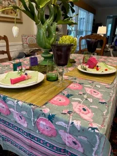 Spring in Bloom Block Print Table Cloth  (60 x 90) Tea Party Perfect