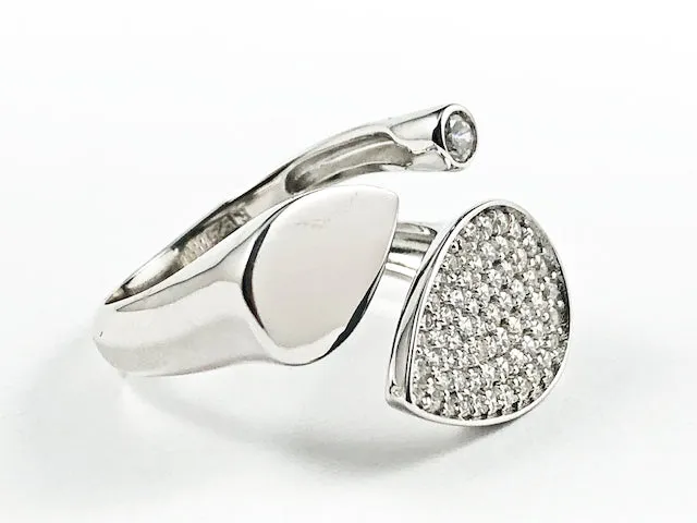 Unique Tri Floral Design Pear Shape Pave Setting Shiny Metallic Style Open Silver Ring