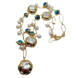 VAIGE Elegant White Pearl and Blue Murano Glass 21" Necklace